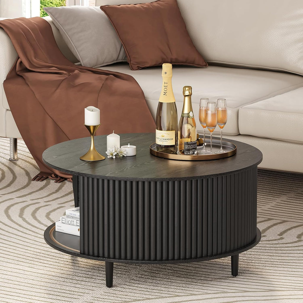 Round Coffee Table with Storage, 31.5' Modern Coffee Table with Sliding Door & Solid Wood Legs, Minimalist Fluted Center Table for Living Room, Home Small Space, Black