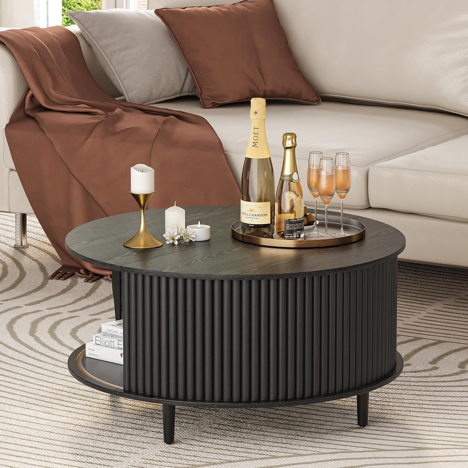 Round Coffee Table with Storage, 31.5' Modern Coffee Table with Sliding Door & Solid Wood Legs, Minimalist Fluted Center Table for Living Room, Home Small Space, Black