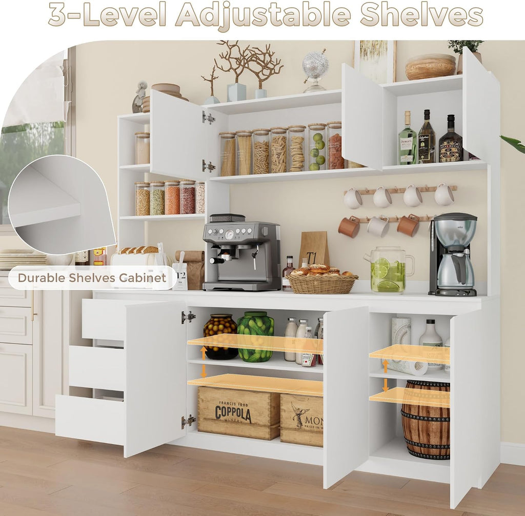 Bobve Large Kitchen Hutch Cabinet with Microwave Stand, Storage Cupboard Pantry with 3-Tier External Shelves and 3 Drawers, Ktichen Food Pantry with Open Countertop for Dining Room, White