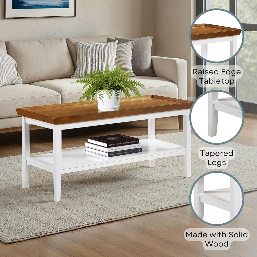 Convenience Concepts Ledgewood Coffee Table 42' - Modern Center Room Accent with Storage Shelf for Transitional, Traditional Living & Family Room, Driftwood/White