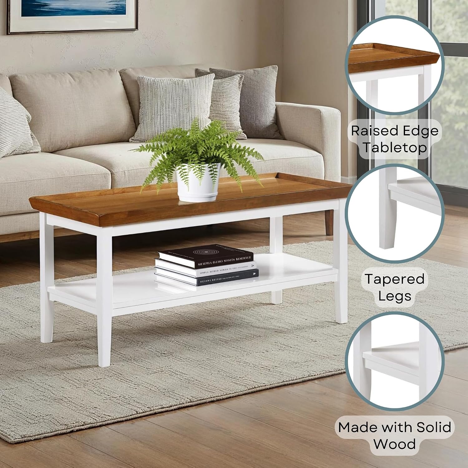 Convenience Concepts Ledgewood Coffee Table 42' - Modern Center Room Accent with Storage Shelf for Transitional, Traditional Living & Family Room, Driftwood/White