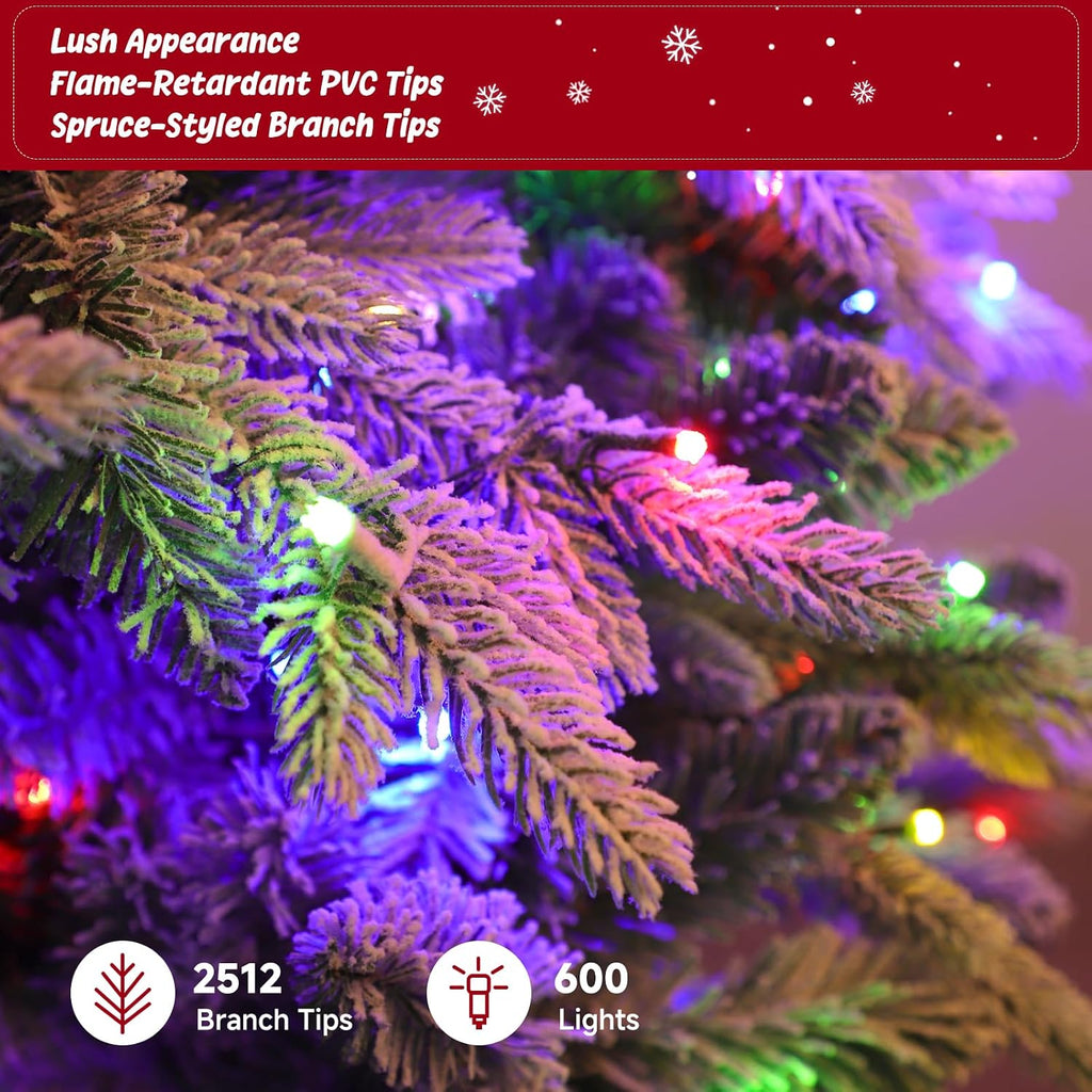 ASOMST Pre-lit Artificial Christmas Tree with Music Sync, Rotating & Foldable Stand, 9ft Snow Flocked Xmas Trees with Remote for Home Décor, 2512 Branch Tips, 600 RGB & Warm White Light