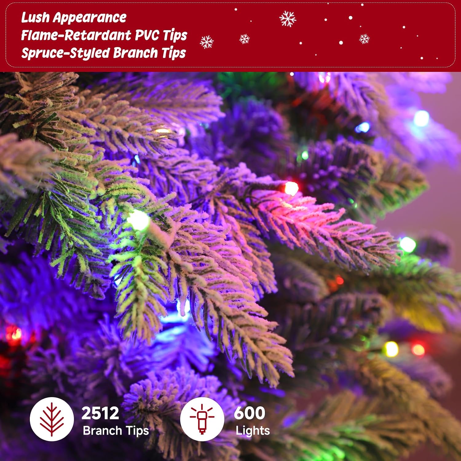 ASOMST Pre-lit Artificial Christmas Tree with Music Sync, Rotating & Foldable Stand, 9ft Snow Flocked Xmas Trees with Remote for Home Décor, 2512 Branch Tips, 600 RGB & Warm White Light