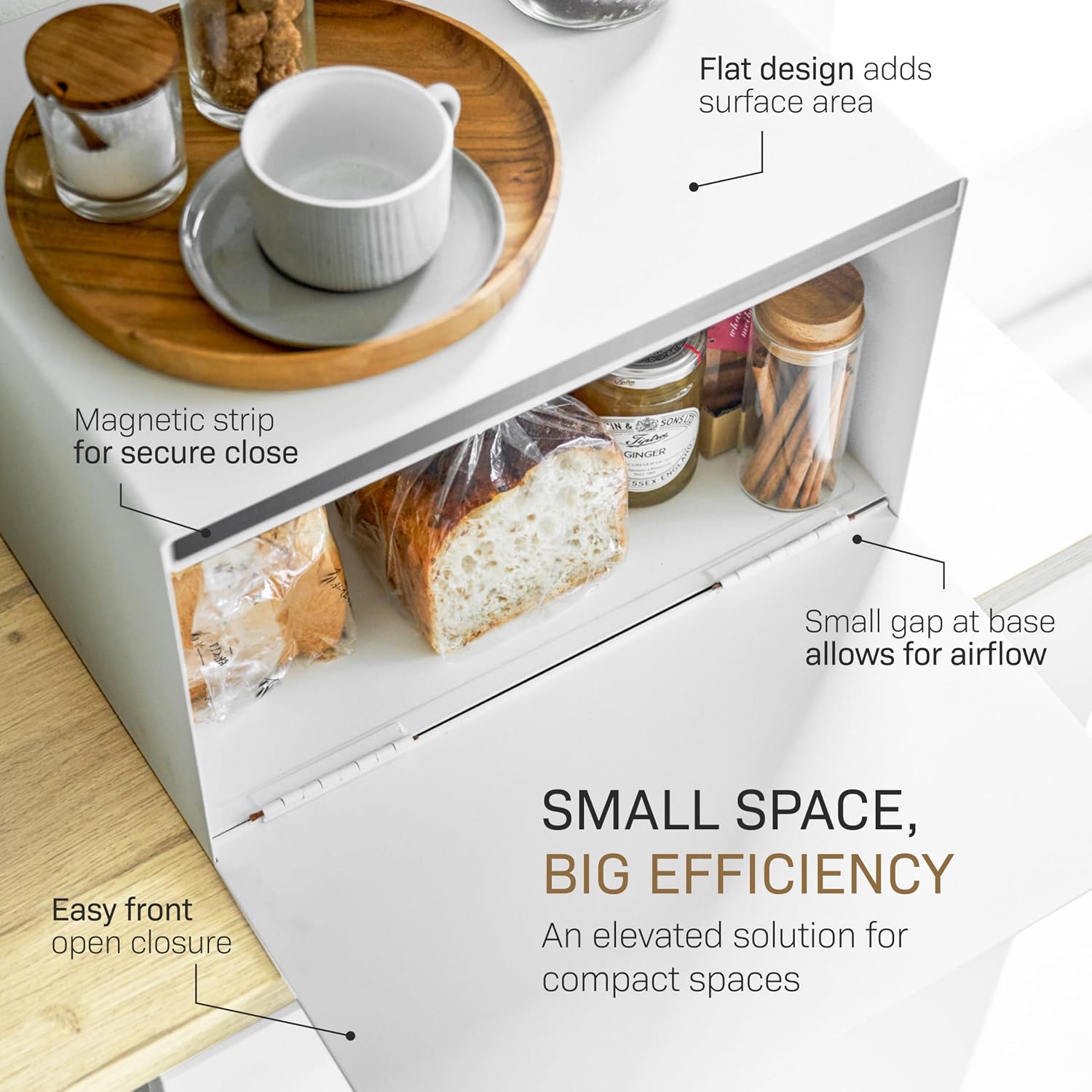 YAMAZAKI Home Modern Bread Box – Steel + Wood Countertop Bread Storage Container, Large White Bread Box for Kitchen Countertop, Space-Saving Bread Keeper, Easy Access Lid