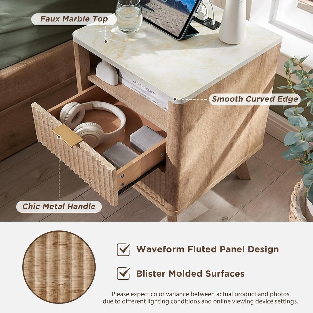 T4TREAM Fluted Nightstand Set of 2 with Charging Station, 18' Modern Side Table with Faux Marble Top, 2 Drawer End Table w/Storage, BedsideTable for Bedroom, Living Room, Curved Profile, Natural Oak