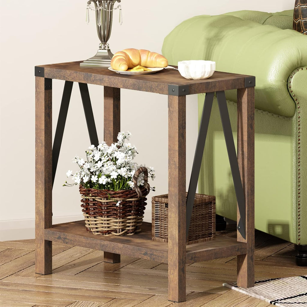 ChooChoo Farmhouse End Table for Small Spaces, Narrow Side End Table with Storage Shelf, Rustic A-Design Nightstand Sofa Table for Living Room, Bedroom (Rustic Brown) 2 Pack