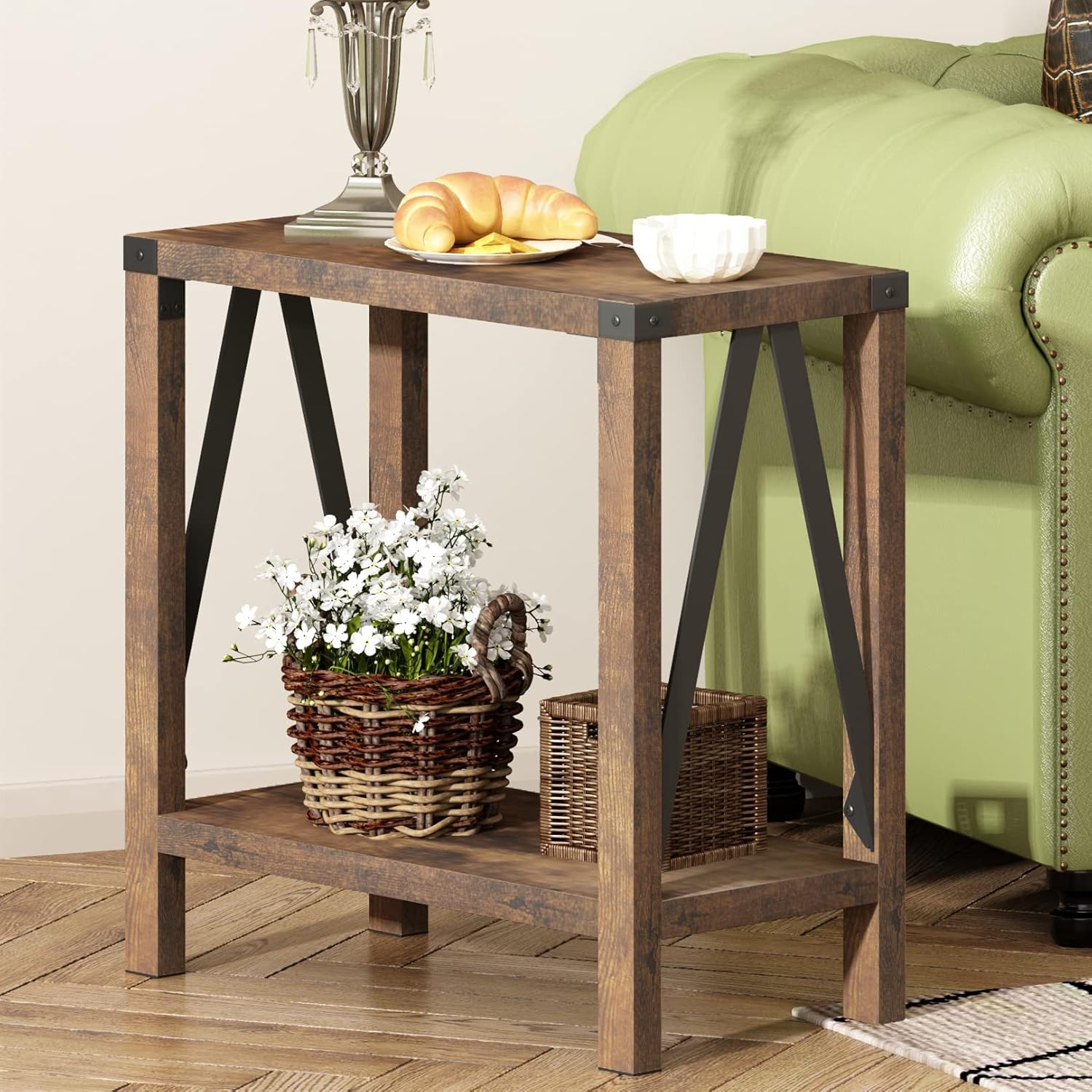 ChooChoo Farmhouse End Table for Small Spaces, Narrow Side End Table with Storage Shelf, Rustic A-Design Nightstand Sofa Table for Living Room, Bedroom (Rustic Brown) 2 Pack