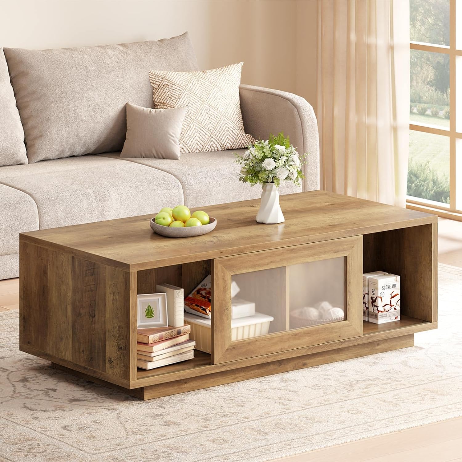 HSH Rustic Coffee Table for Living Room, 47 Inch Modern Wood Rectangle Coffee Tables with Sliding Door and Storage Open Shelf, Large Low Center Table for Home Decor, Rustic Oak