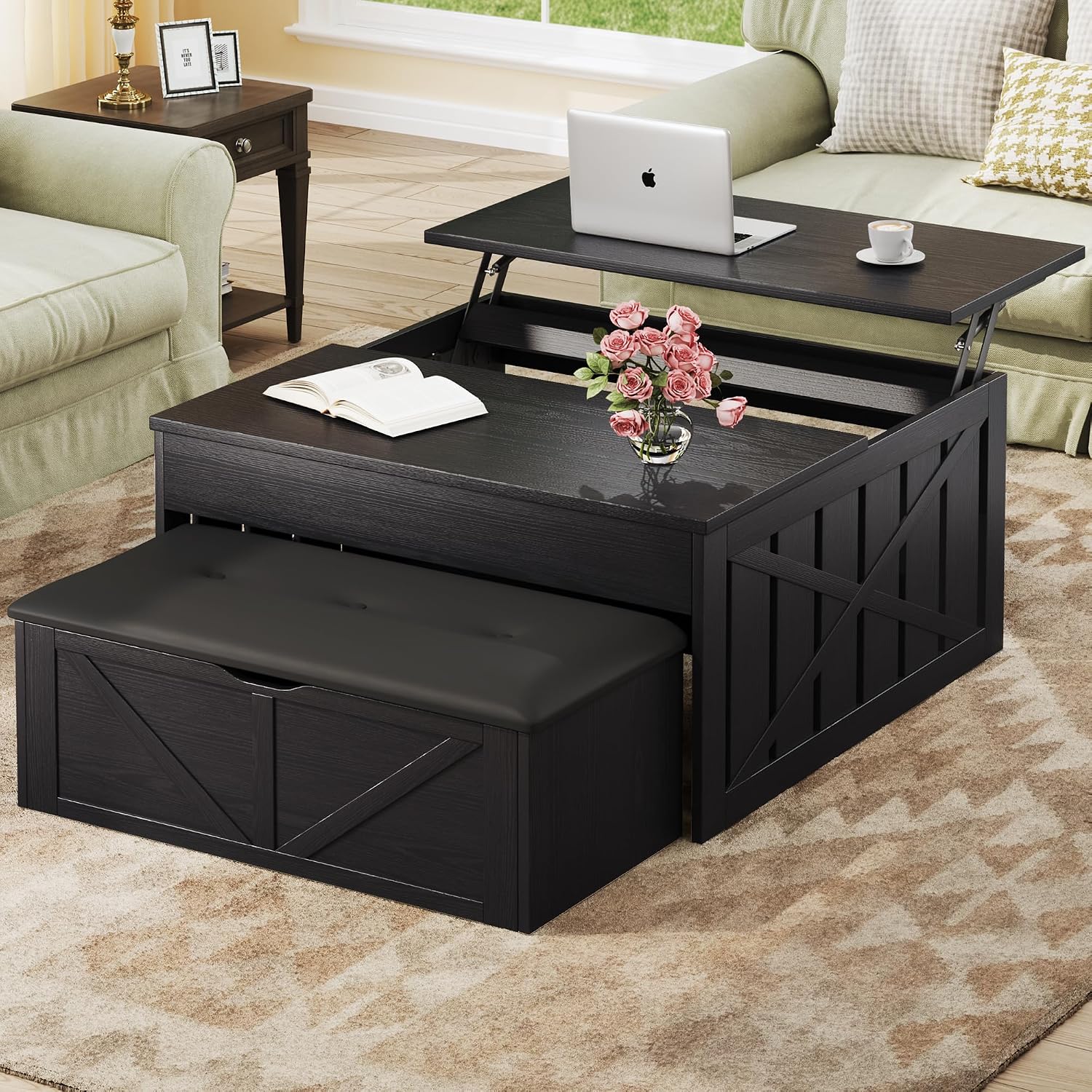 HUAHUU Coffee Table, 31.5 Lift Top Coffee Tables with Storage Hidden Compartment, Farmhouse Coffee Tables with Ottoman Bench, Center Table with Wooden Lift Tabletop for Living Room, Black
