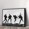 Vintage Rock Band Canvas Wall Art | Black & White Musicians Jumping Print | Retro Home Décor – Various Sizes (36in x 24in Modern Black Framed)
