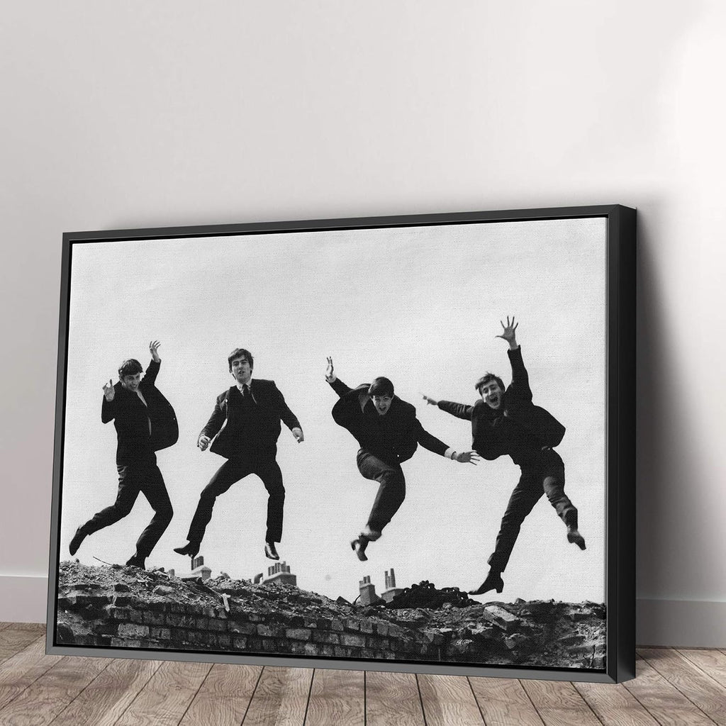 Vintage Rock Band Canvas Wall Art | Black & White Musicians Jumping Print | Retro Home Décor – Various Sizes (45in x 30in Modern Black Framed)