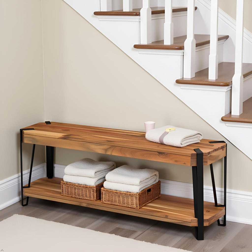 Ryegate 48-Inch Live Edge Acacia Wood & Metal Entryway Bench with Bottom Shelf – 2-Tier Rustic Industrial Wood Bench for Dining Room, Living Room, or Bedroom by Alaterre Furniture