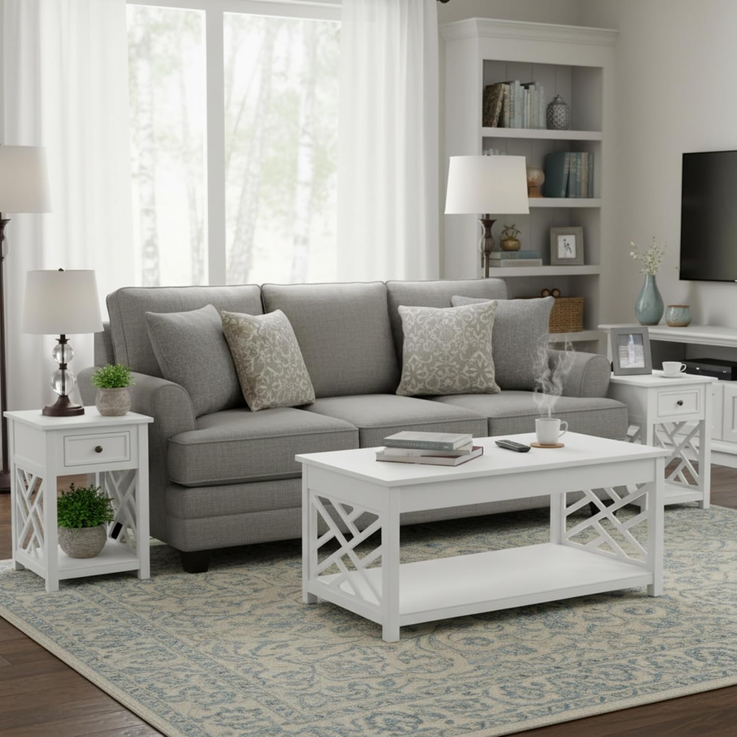 Coventry 36 in. Coffee Table and 2 End Tables with Drawers - Cottage-Style Living Room Furniture Set with Open-Design Decorative Details - Accent Tables with Storage Compartment