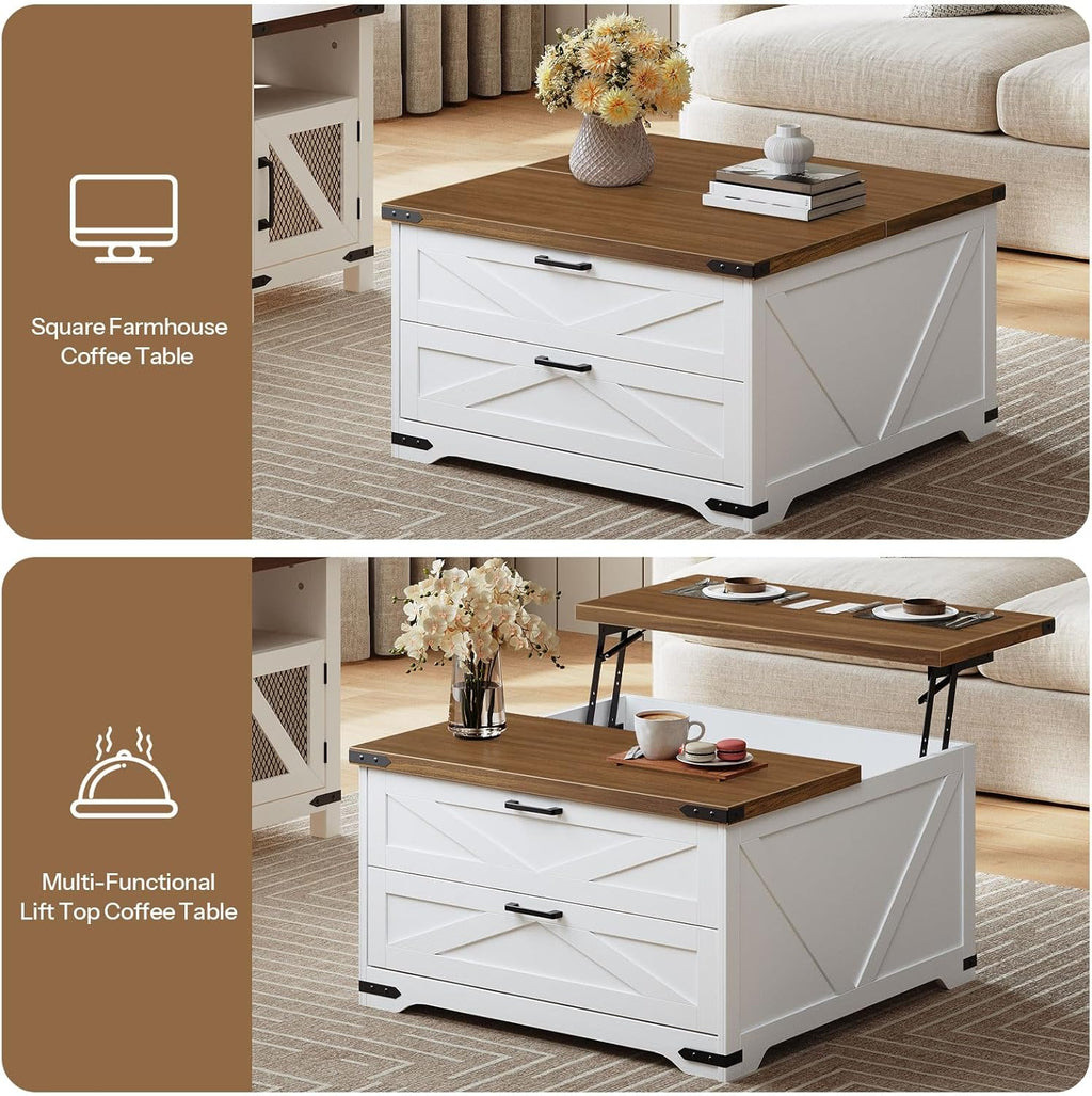 HOOBRO Lift Top Coffee Table with Storage, 31.5' Large Square Coffee Table with 2 Drawers, Large Hidden Space, White Farmhouse Center Table for Living Room, Home Office, White and Walnut WH45KF01