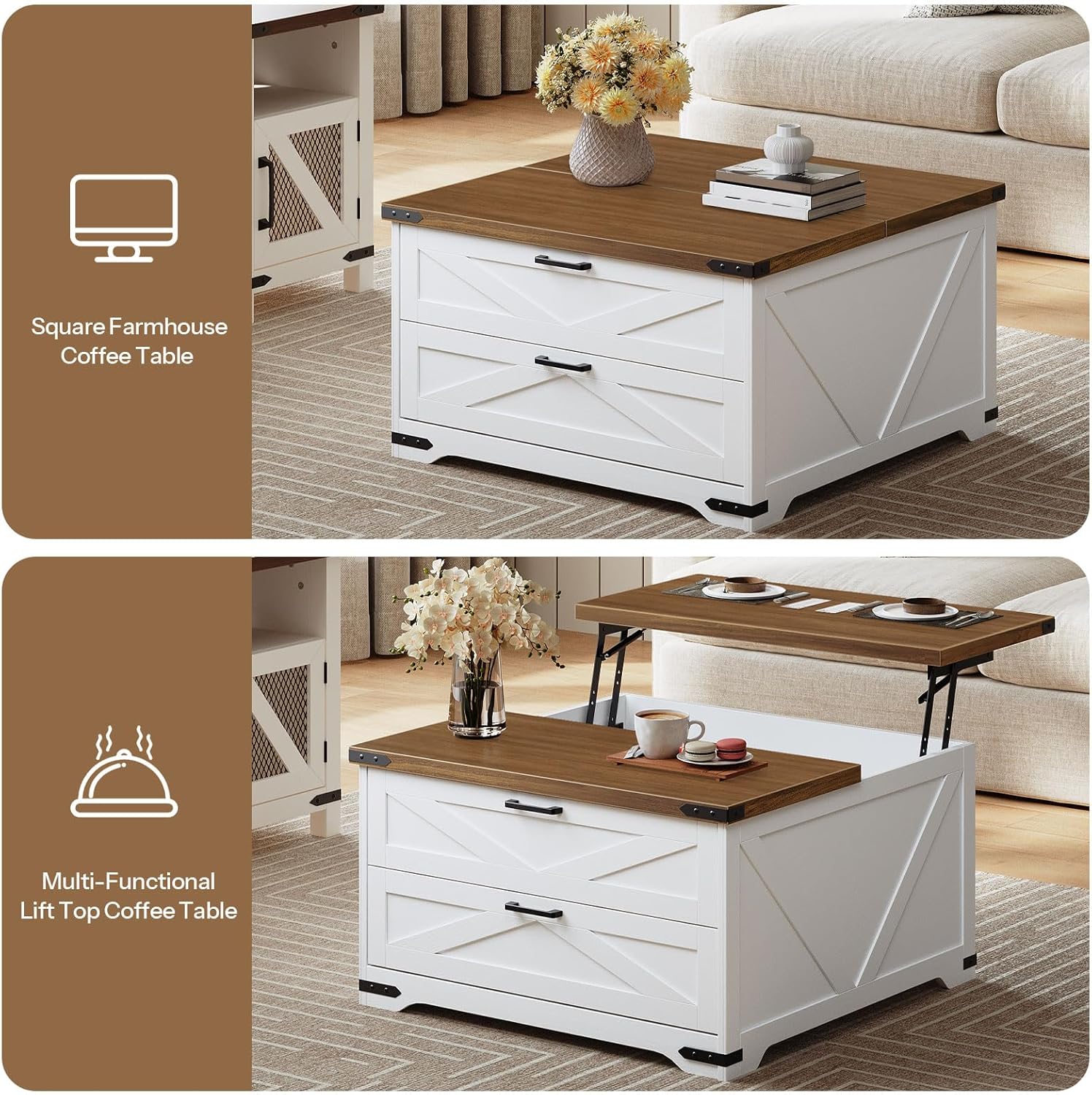 HOOBRO Lift Top Coffee Table with Storage, 31.5' Large Square Coffee Table with 2 Drawers, Large Hidden Space, White Farmhouse Center Table for Living Room, Home Office, White and Walnut WH45KF01