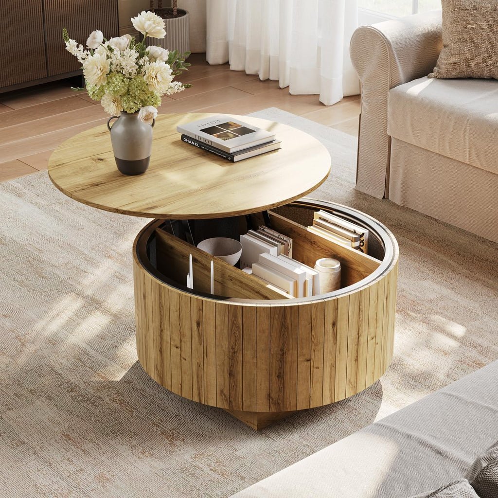 kepptory Round Lift Top Coffee Table with LED Lights, Mid Century Modern Wooden Coffee Tables with 3 Storage Space, Circle Center Table for Living Rooms,Dining Room,Bedroom Home Office,APP LED Lights
