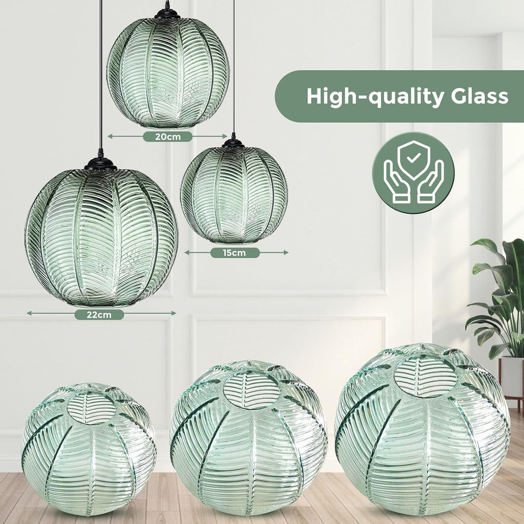 GXF 3 in 1 Green Cluster Pendant Light Fixtures, E26 E27 Large Glass Chandelier Mid Century Modern Chandelier Ribbed Blown Glass Globe Shade Hanging Light Ceiling Light for Living Room Restaurant Bar