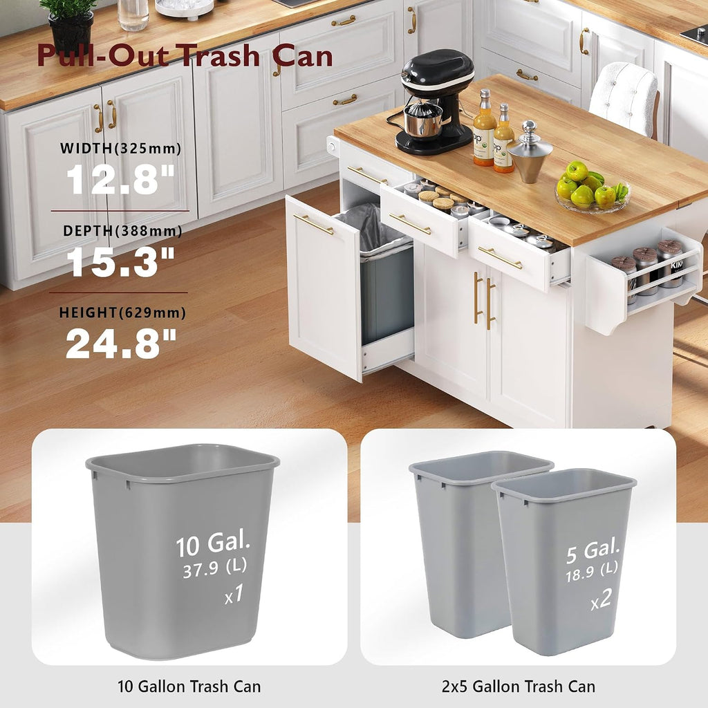 Kitchen Island Cart with Solid Wood Top, Mobile Carts with Storage Cabinet, Rolling Kitchen Table with Trash Can Storage, Power Outlet, Spice & Towel Rack, Portable Islands on Wheels, White
