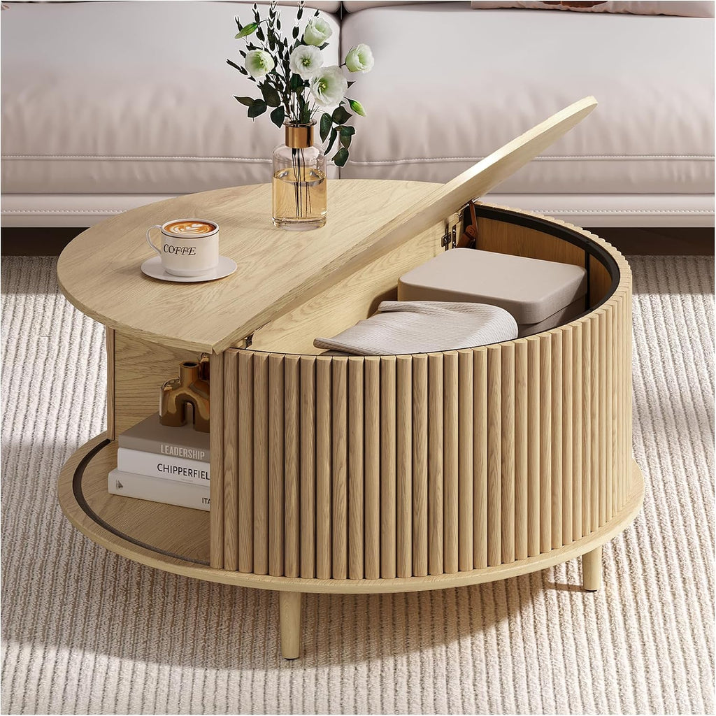 Round Coffee Table with Storage, 31.5' Mid Century Modern Coffee Table with Sliding Door & Solid Wood Legs, Minimalist Fluted Center Table for Living Room, Home Small Space, Oak