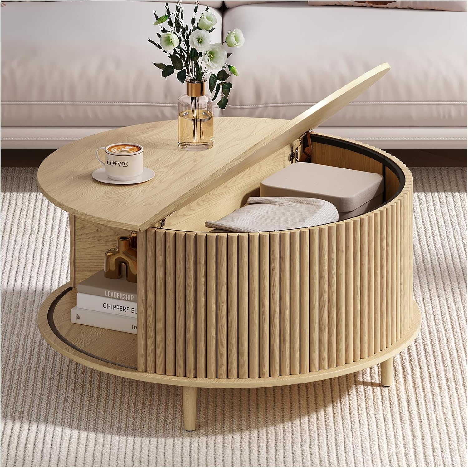 Round Coffee Table with Storage, 31.5' Mid Century Modern Coffee Table with Sliding Door & Solid Wood Legs, Minimalist Fluted Center Table for Living Room, Home Small Space, Oak