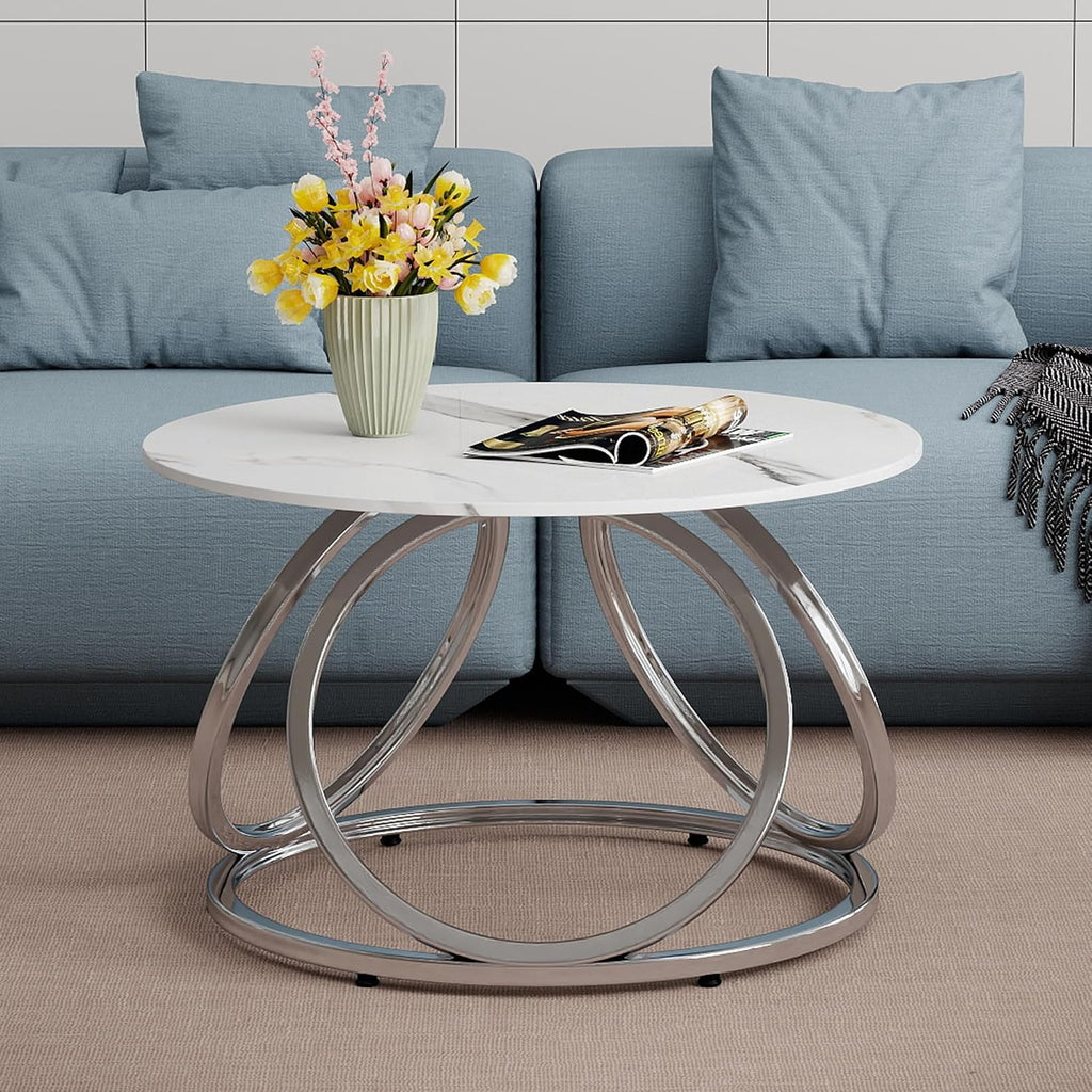 O&K FURNITURE Silver Coffee Table, Round Coffee Table Faux Marble Veins, Modern Center Table with Chrome Finish, for Living Room, Home Office, 1 PC