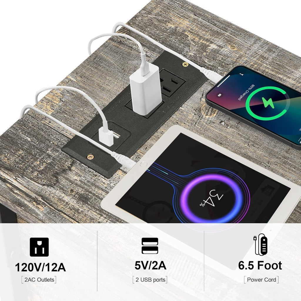VECELO End Tables,Narrow Nightstands with Charging Station & USB Ports &Drawers,Night Stand for Living Room, Bedroom,Misty Gray