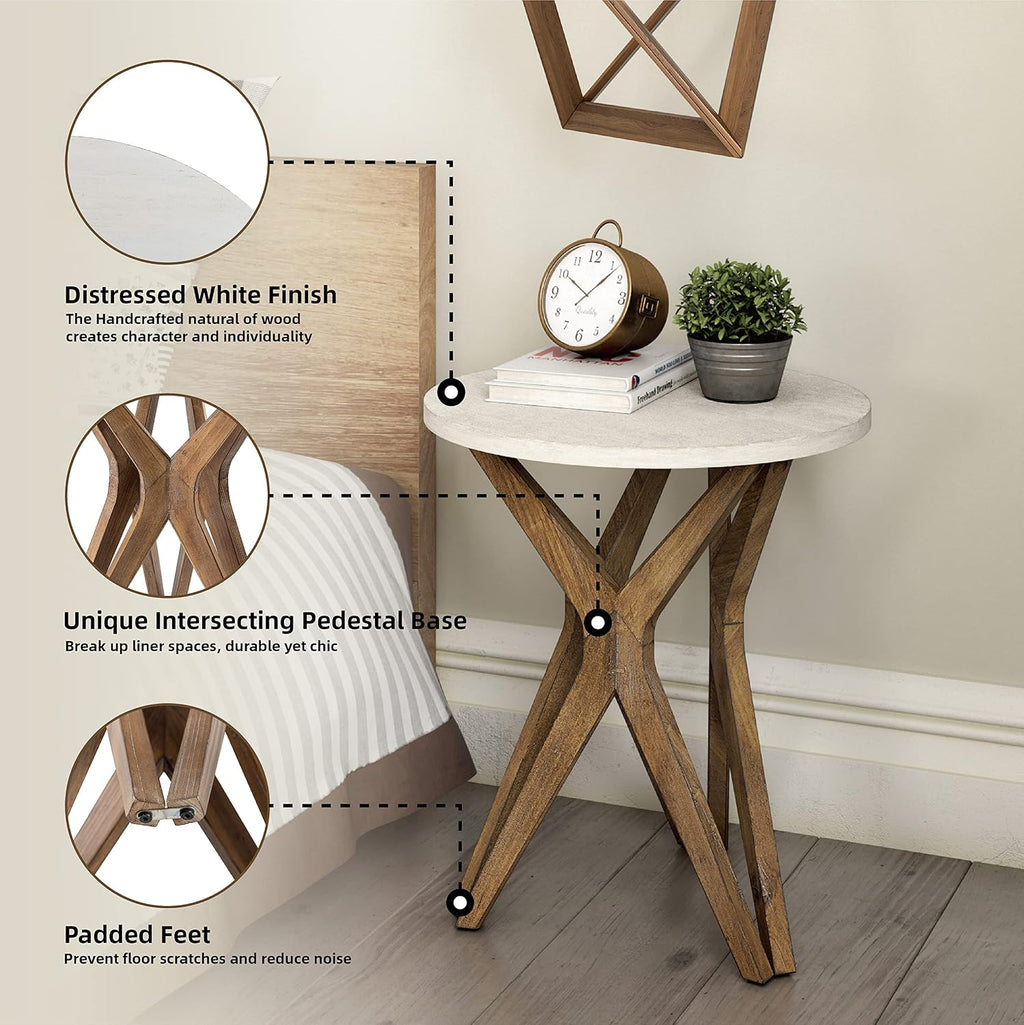 Pedestal Farmhouse End Table Set of 2, Distressed Top with Tripod Base Bedside Table for Living Room, Modern, Boho Decor, Round (2-Pack, White & Walnut)