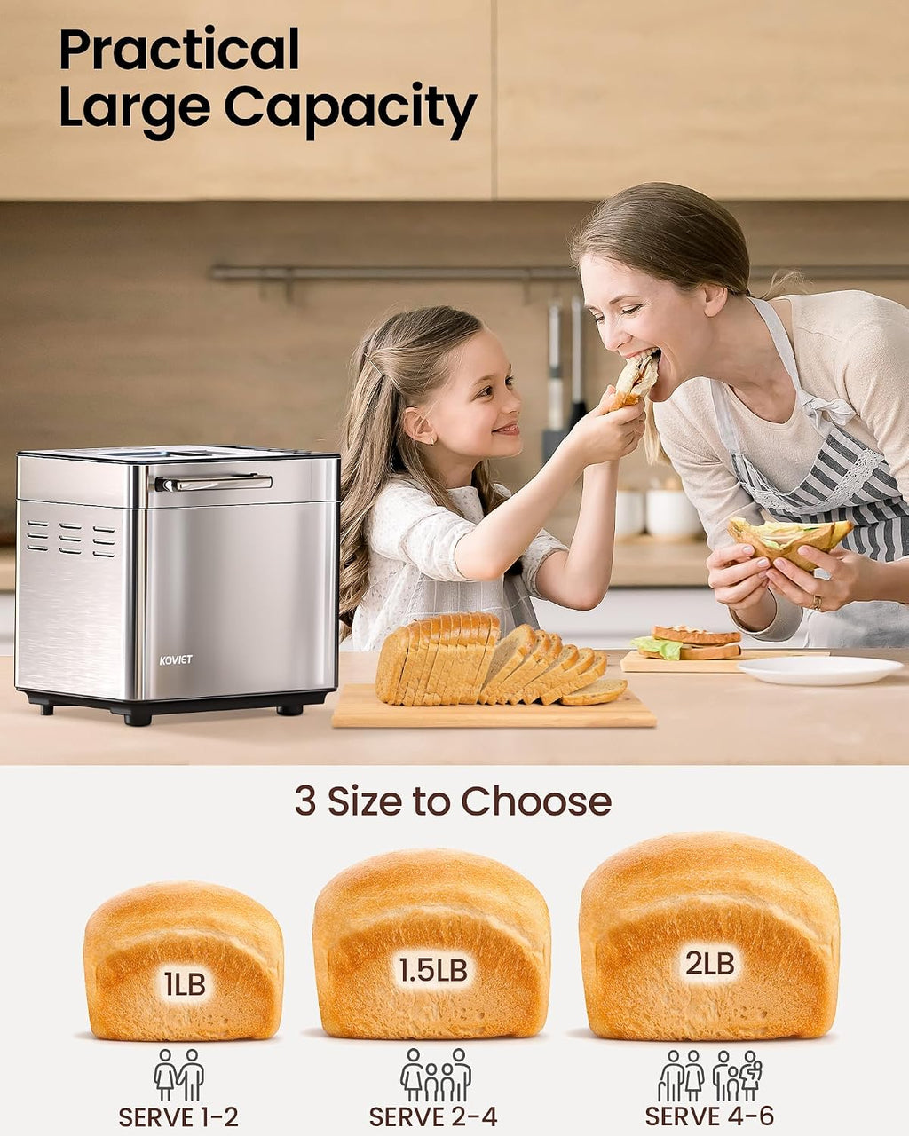 KOVIET 25-in-1 Bread Maker Machine with Automatic Dual Dispenser, 2LB Stainless Steel Breadmaker with Gluten-Free, Dough, Jam, Yogurt etc Settings, Silver