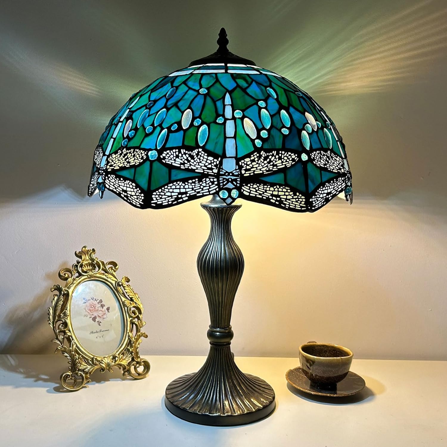 16-Inch Dragonfly Lampshade Replacement, Tiffany Style Stained Glass Lamp Shade Only for Table Lamps Pendant Lamps Floor Lights Ceiling Fixture,Blue