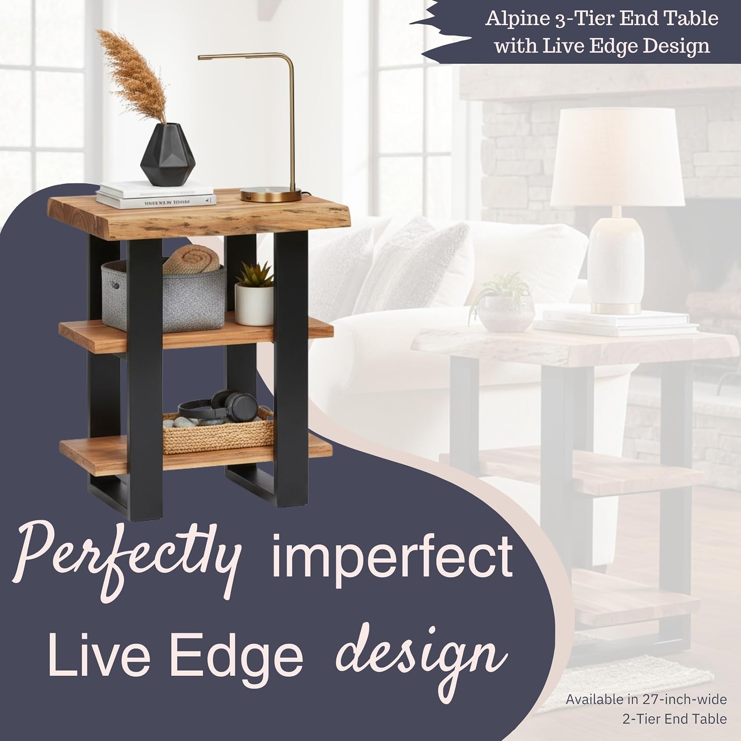 Alaterre Alpine Live Edge Solid Wood 2-Shelf End Table, Natural (AWAA0220)