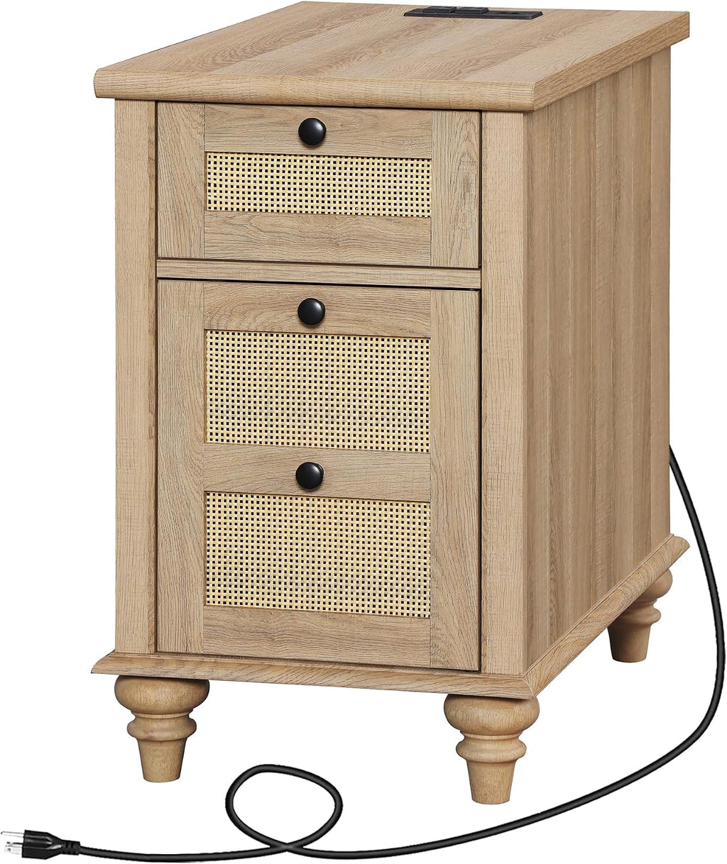 WAMPAT Farmhouse End Table with Charging Station, Wood Side Table with Power Outlets & USB Ports, Rattan Nightstand with Drawer for Living Room, Bedroom, Oak
