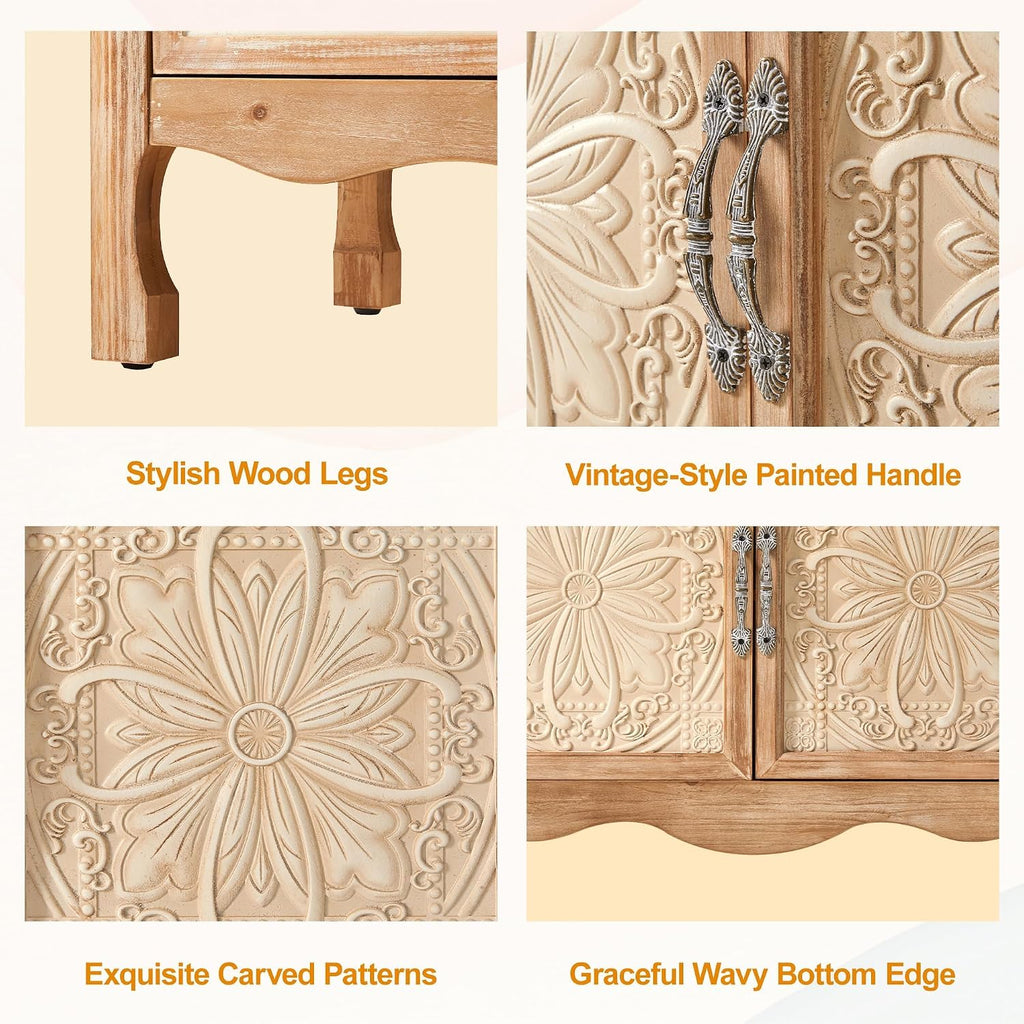 RoyalCraft Sideboard Buffet Kitchen Storage Cabinet, Solid Wood Credenza Accent Cabinet, Cupboard Console Table with 2 Craved Decorated Doors for Dining Room, Living Room, Hallway (Natural)