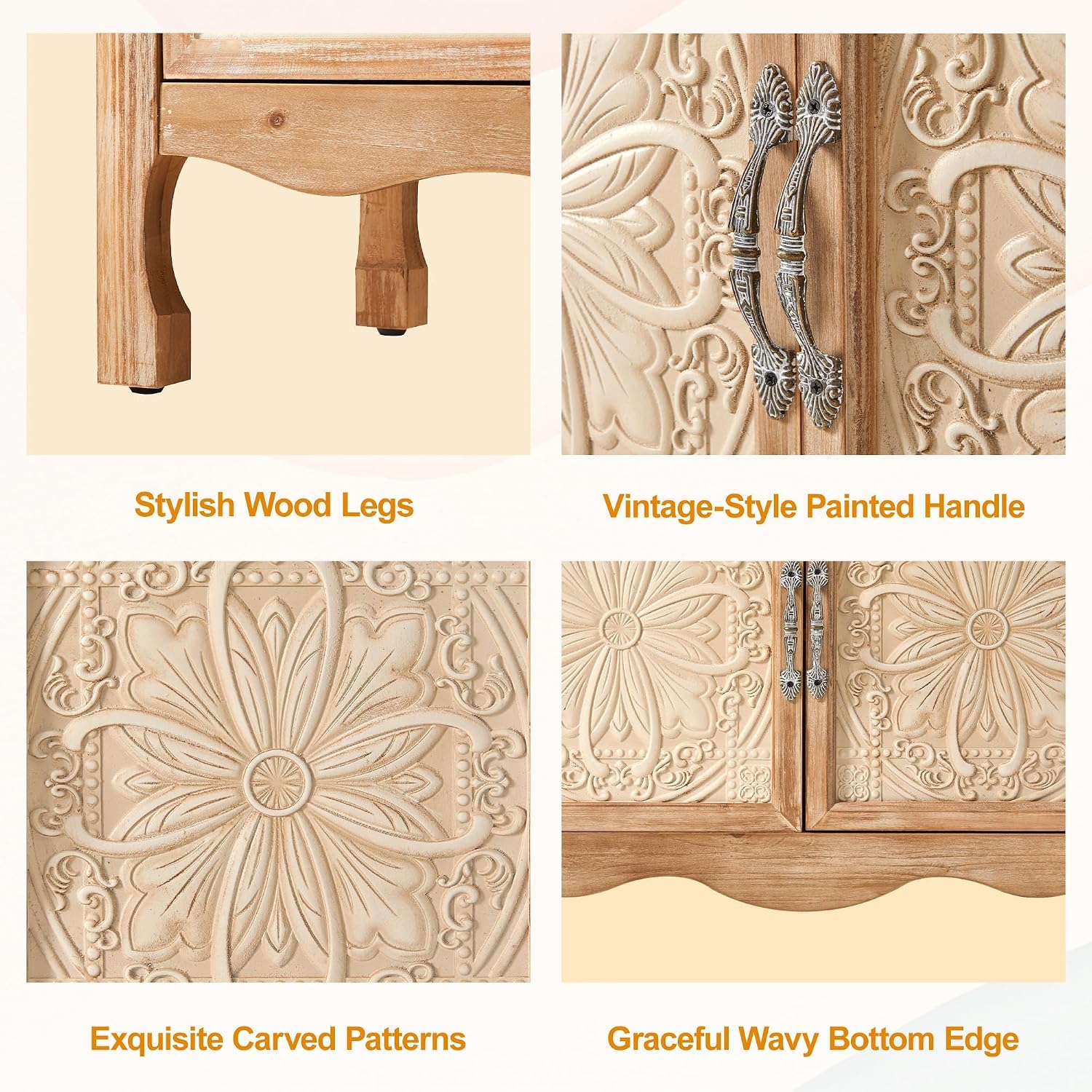 RoyalCraft Sideboard Buffet Kitchen Storage Cabinet, Solid Wood Credenza Accent Cabinet, Cupboard Console Table with 2 Craved Decorated Doors for Dining Room, Living Room, Hallway (Natural)