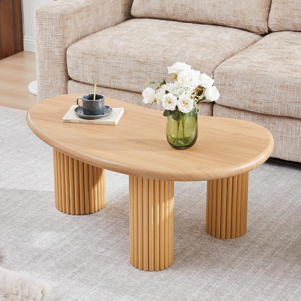 Fluted Coffee Table, 39'' Farmhouse Coffee Tables for Living Room, Low Wood Accent Center Table Small Tea Table with Sturdy Base & Rounded Corners for Small Space Home Office (Natural)