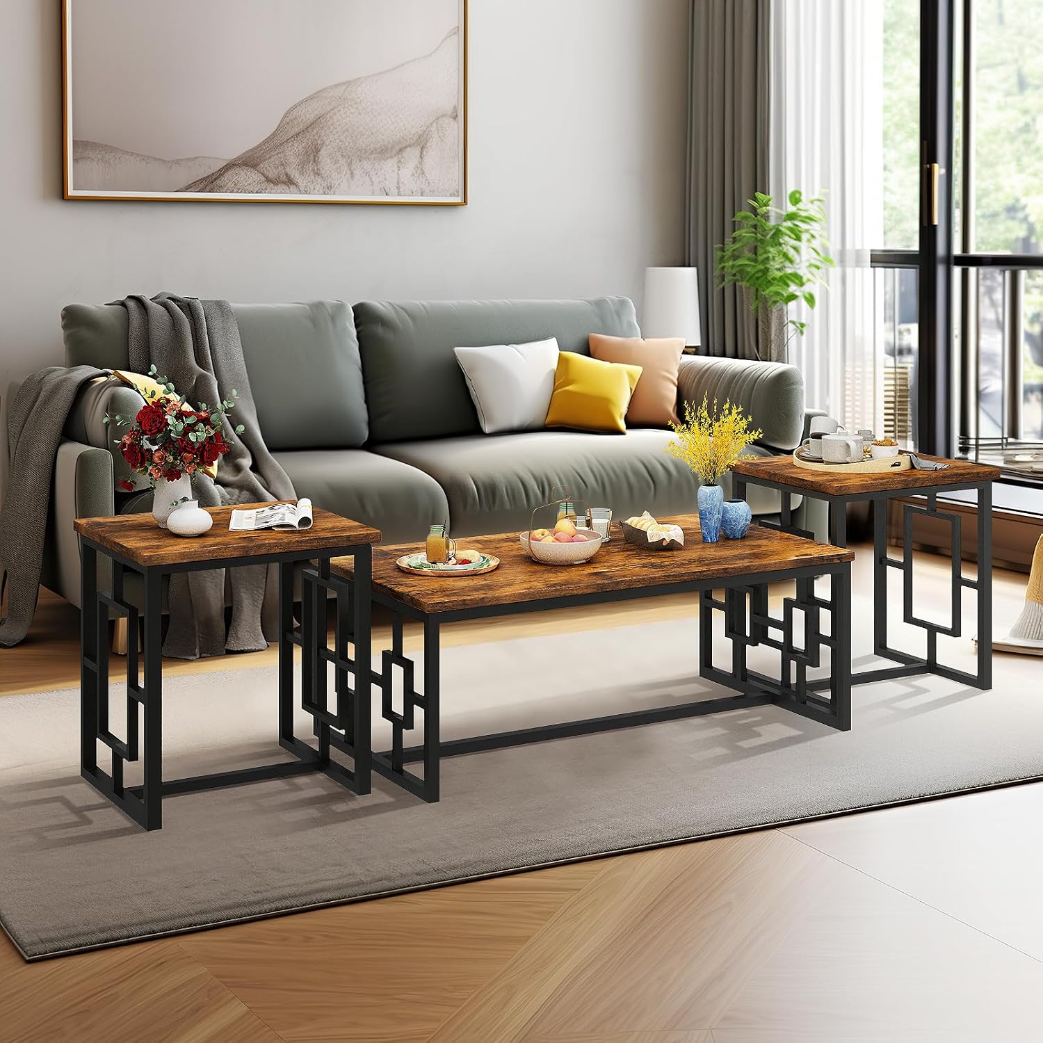 DKLGG 3-Piece Vintage Wood Coffee Table Set with 2 End Tables - Modern Industrial Design, Square Tabletop & Rustic Brown Finish - Perfect for Living Room, Apartment, Home Office, Rustic Brown