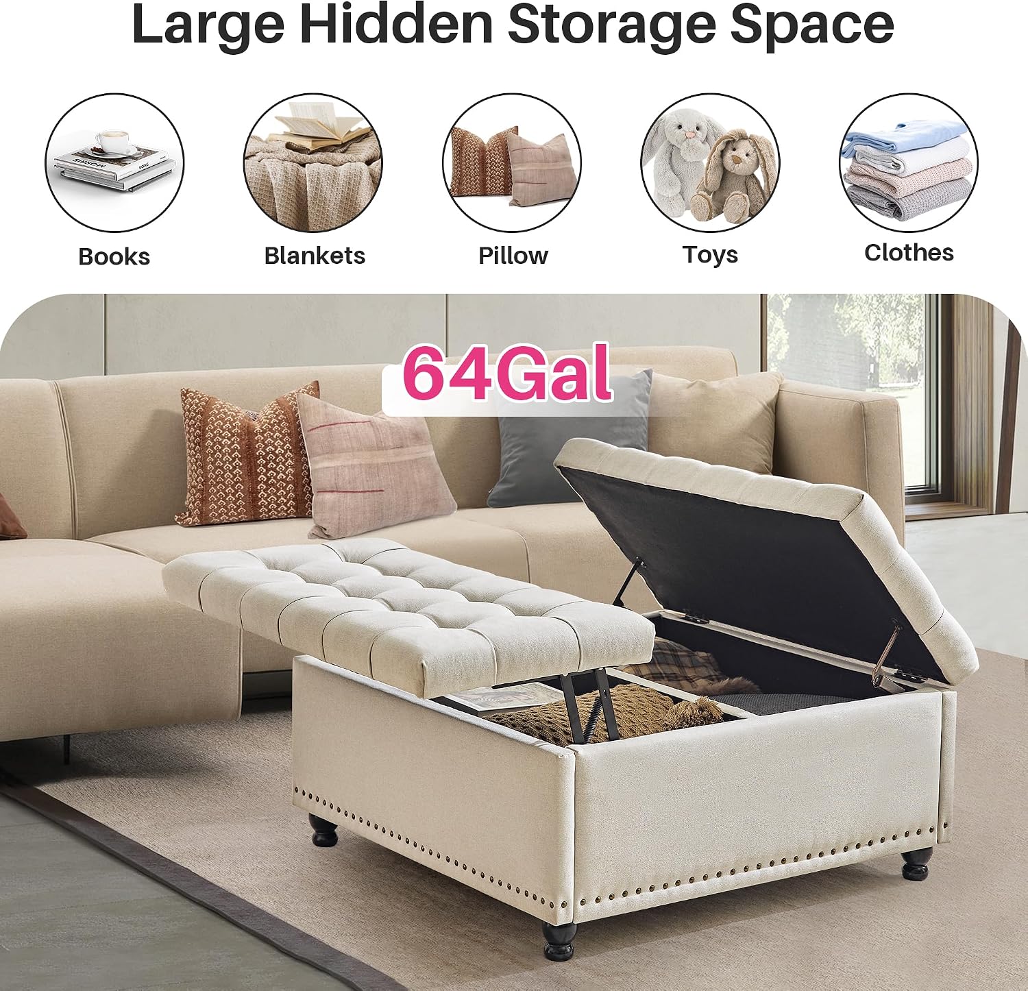 Redlife 35 Inch Large Square Storage Ottoman, Storage Ottoman Coffee Table with Lift Top Linen Ottomans Bench Square Footrest Oversized Upholstered Coffee Table for Living Room Bedroom (Beige)