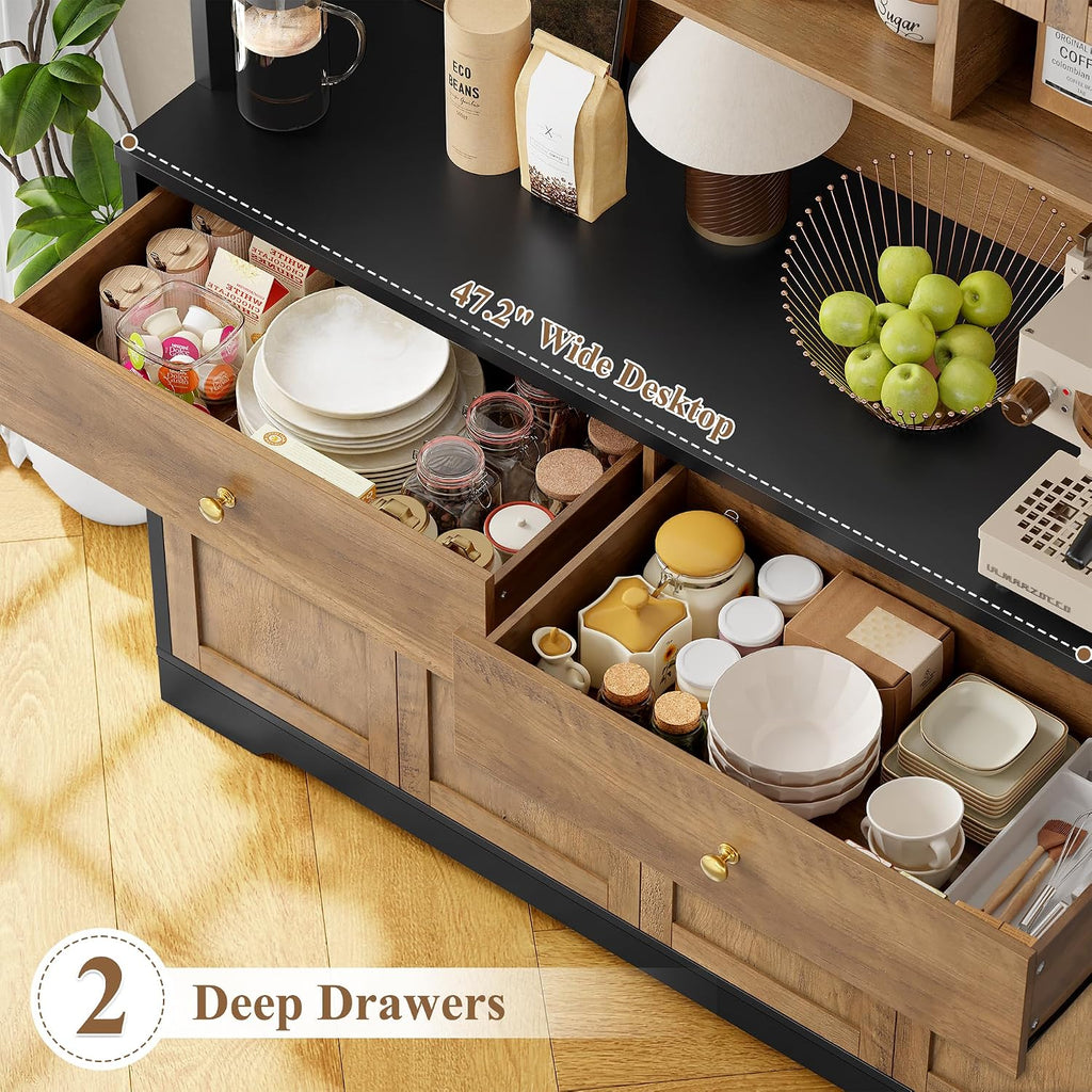 FINETONES 71' Pantry Cabinet, Tall Kitchen Pantry Storage Cabinet with Charging Station, 47.2' Wide Kitchen Hutch Food Storage Cabinets with Open Countertop for Dining Room, Black/Brown