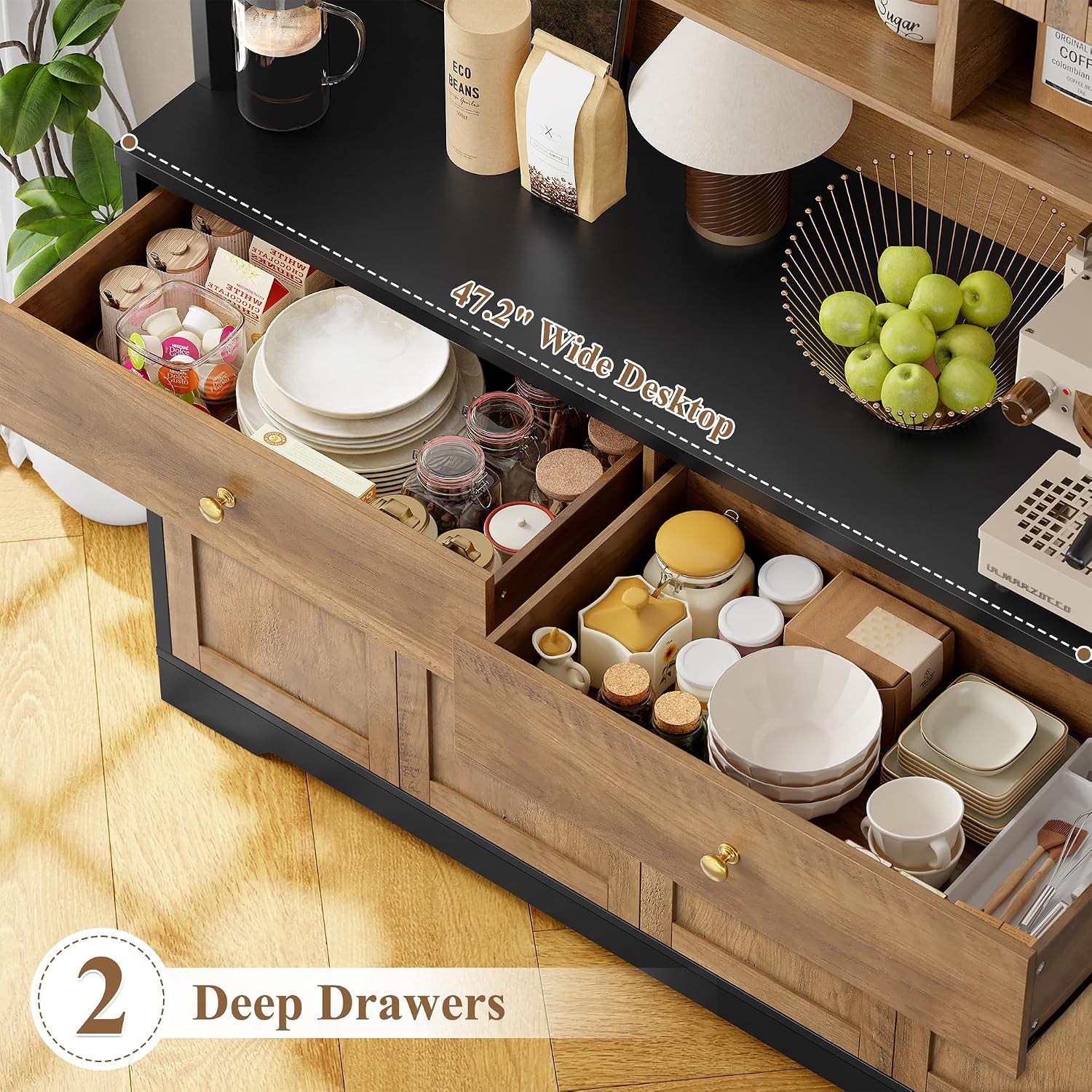 FINETONES 71' Pantry Cabinet, Tall Kitchen Pantry Storage Cabinet with Charging Station, 47.2' Wide Kitchen Hutch Food Storage Cabinets with Open Countertop for Dining Room, Black/Brown