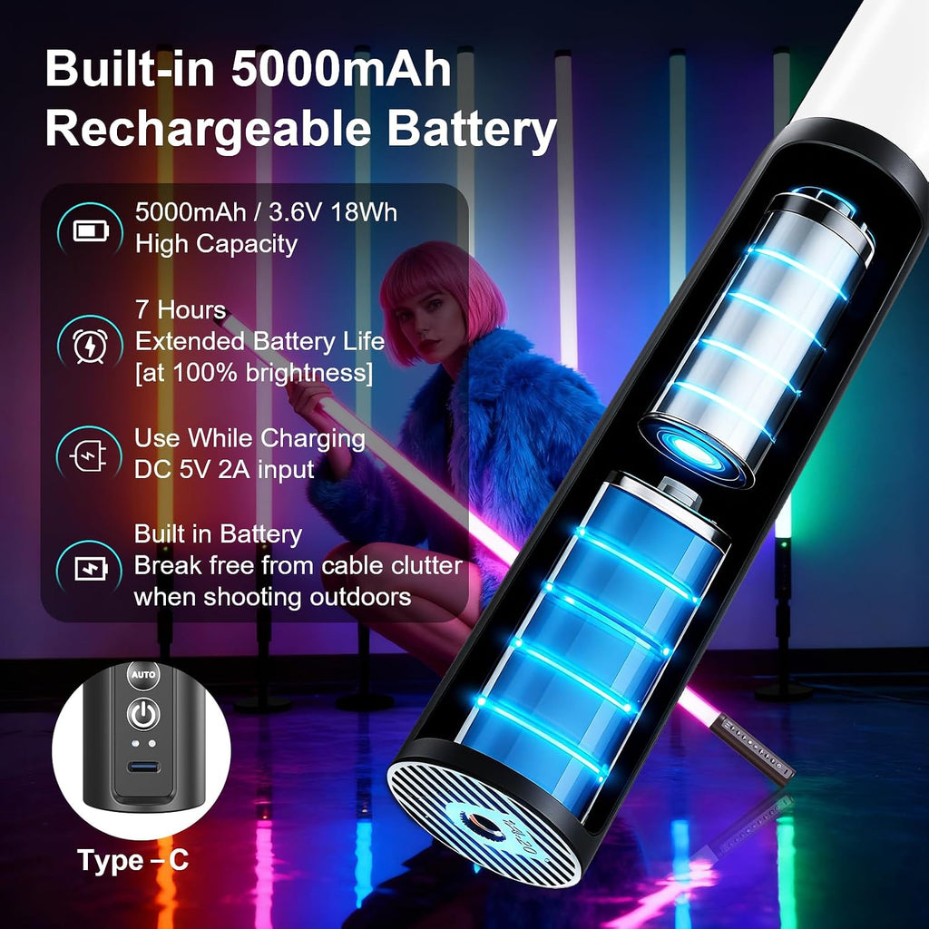 6Pack 4ft RGB Tube Light Portable 5000mAh Battery Powered with Stand Handheld Color Neon Light Bar LED Video Light with Bag for Photography DJ Dance Party Stage Painting Photo Booth Lighting