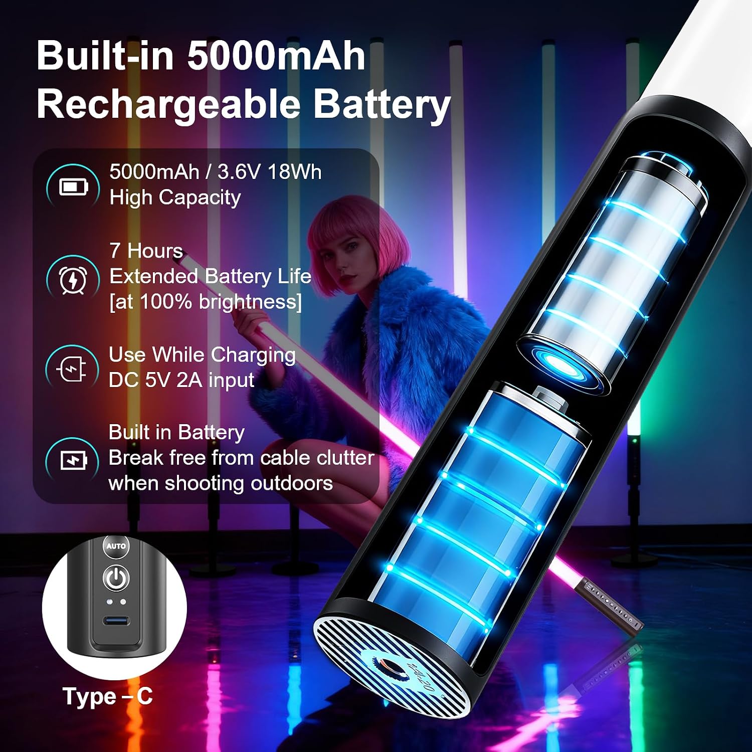 6Pack 4ft RGB Tube Light Portable 5000mAh Battery Powered with Stand Handheld Color Neon Light Bar LED Video Light with Bag for Photography DJ Dance Party Stage Painting Photo Booth Lighting