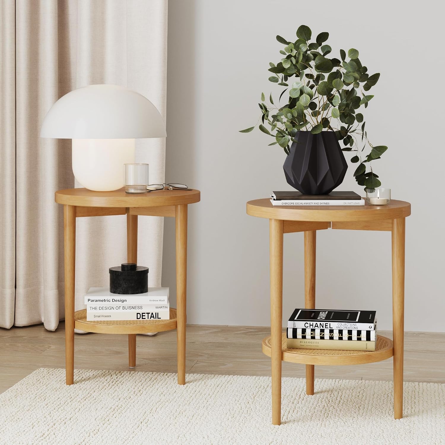 Nathan James Sonia Boho Round Accent End Table, Natural Sofa Side Table in Light Wood with Rattan Storage Shelf for Living Room, Bedroom or Nursery, Light Brown, Set of 2