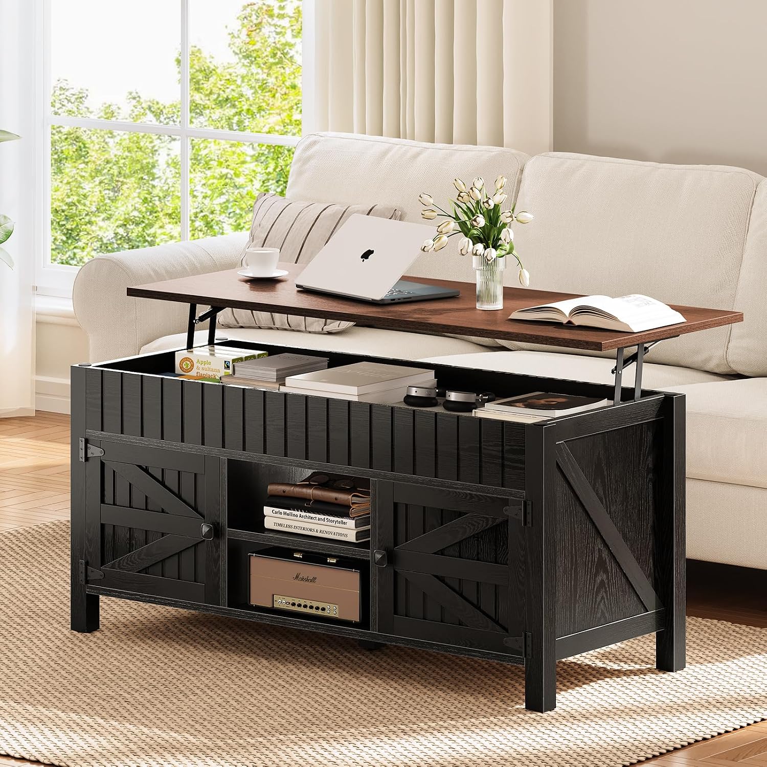 47.3' Lift Top Coffee Table with Storage - Black Coffee Tables for Living Room, Farmhouse Wood Center Table, Large Rectangle Middle Tables with Hidden Compartment & Adjustable Shelf