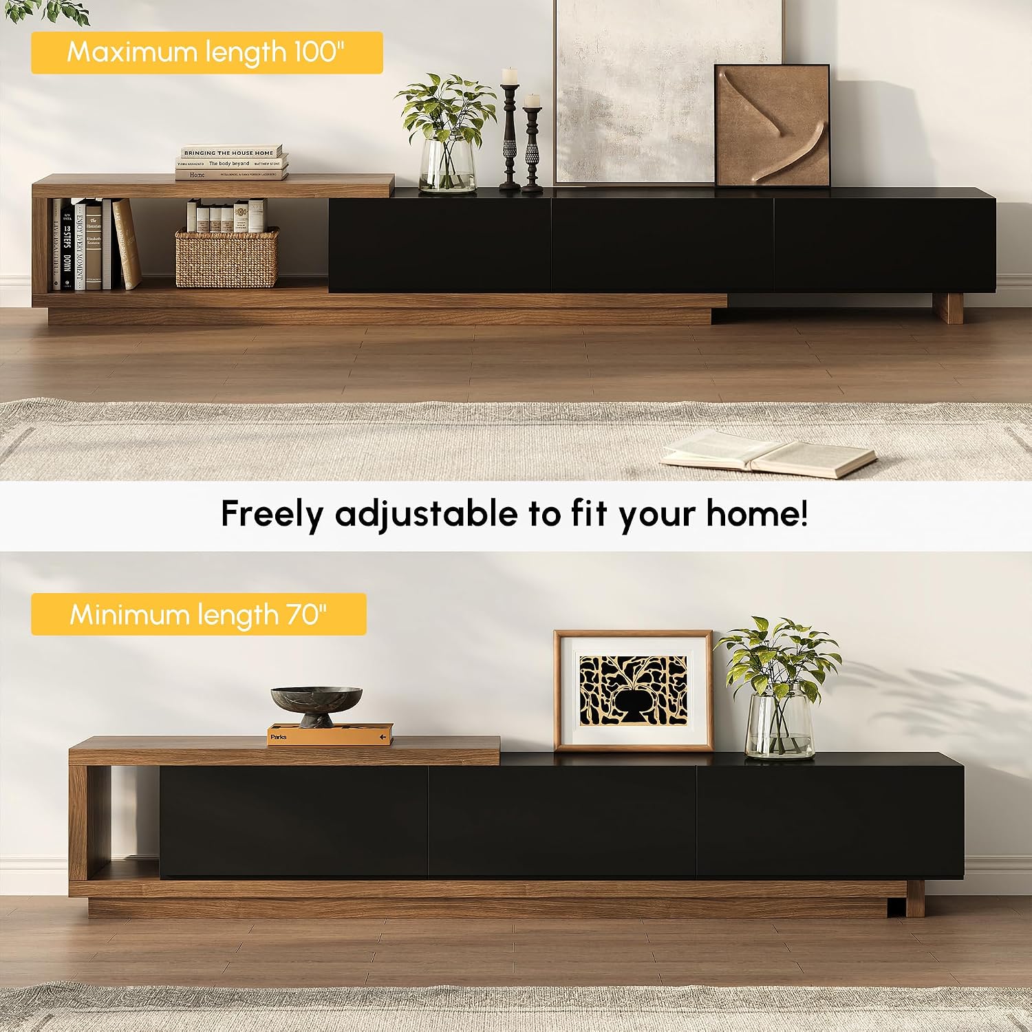 homary Extendable TV Stand, Adjustable Width Modern Media Console with 3 Drawers, Premium MDF Entertainment Center for 71–100 Inch TVs, Living Room & Apartment