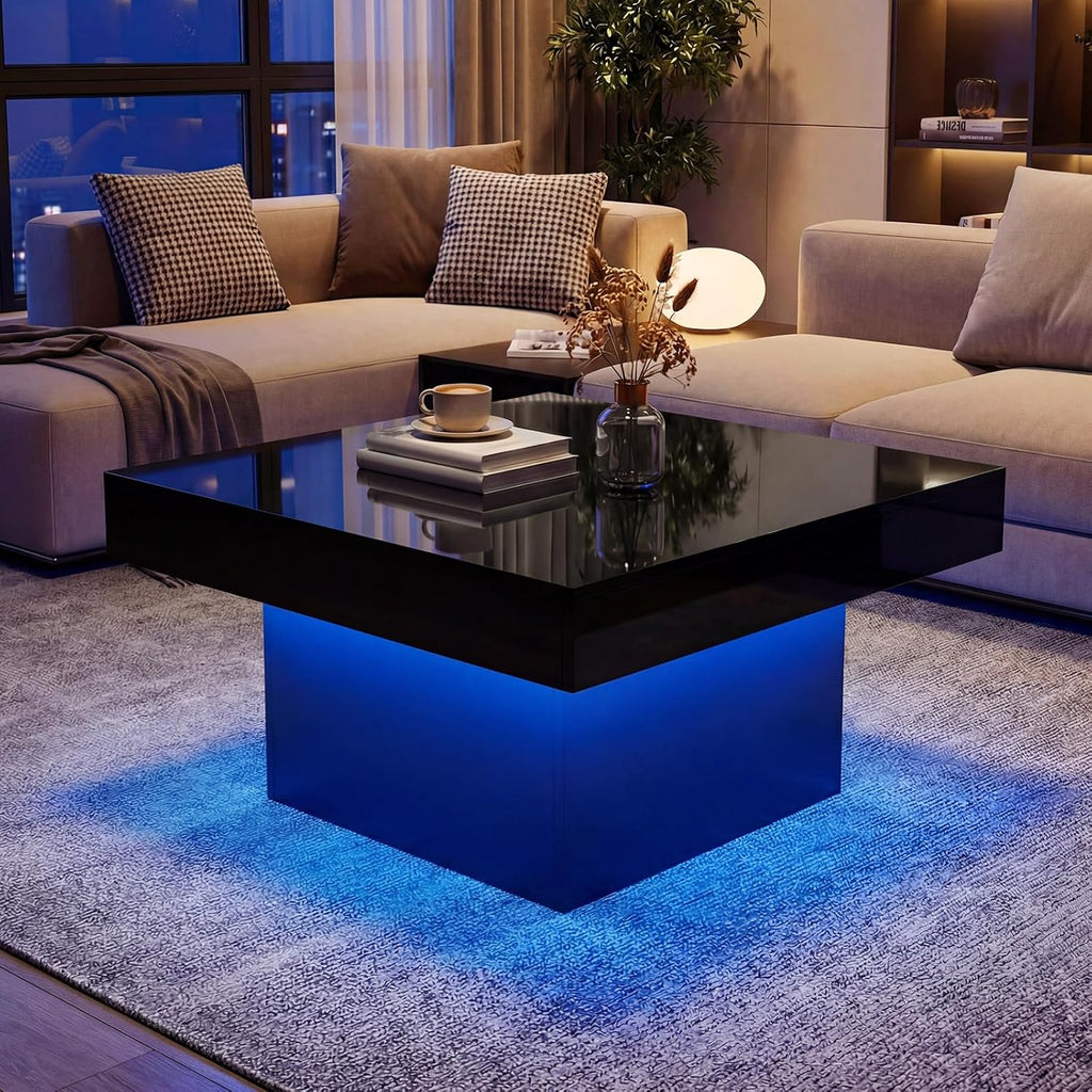 GOFLAME LED Coffee Table for Living Room, 35.5' Square Center Table with Storage, Adjustable Light Colors, Speed & Brightness, Remote Control, Modern High Glossy, Wooden Accent Tea Tables (Black)