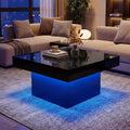 GOFLAME LED Coffee Table for Living Room, 35.5' Square Center Table with Storage, Adjustable Light Colors, Speed & Brightness, Remote Control, Modern High Glossy, Wooden Accent Tea Tables (Black)
