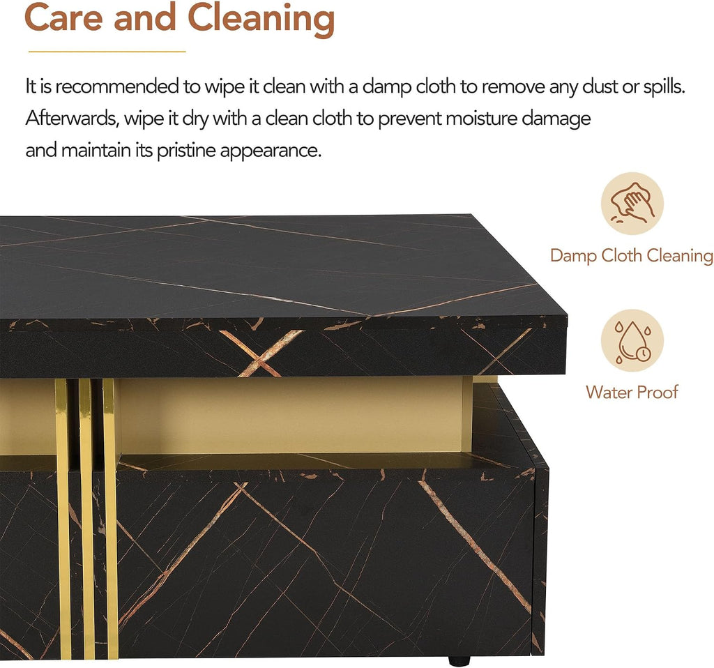Merax Modern White and Gold Square Coffee Table with 4 Drawers, Ample Hidden Storage, Durable MDF Construction, Sleek Accent End Table for Living Room, Lounge, and Apartment Decor, Black