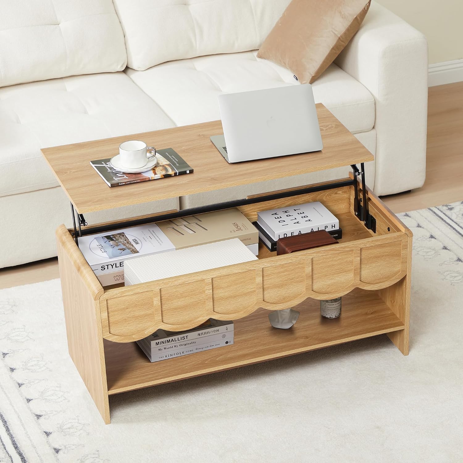 Lift Top Coffee Table with Hidden Compartment, 2 Tier Wooden Center Table with Wave Panel, Modern Lift Tabletop for Home Living Room Office, Natural