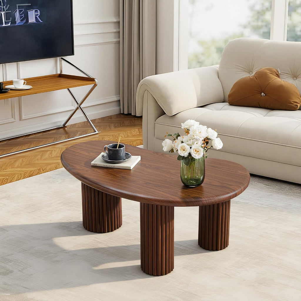 Fluted Coffee Table, 39'' Farmhouse Coffee Tables for Living Room, Low Wood Accent Center Table Small Tea Table with Sturdy Base & Rounded Corners for Small Space Home Office (Walnut)