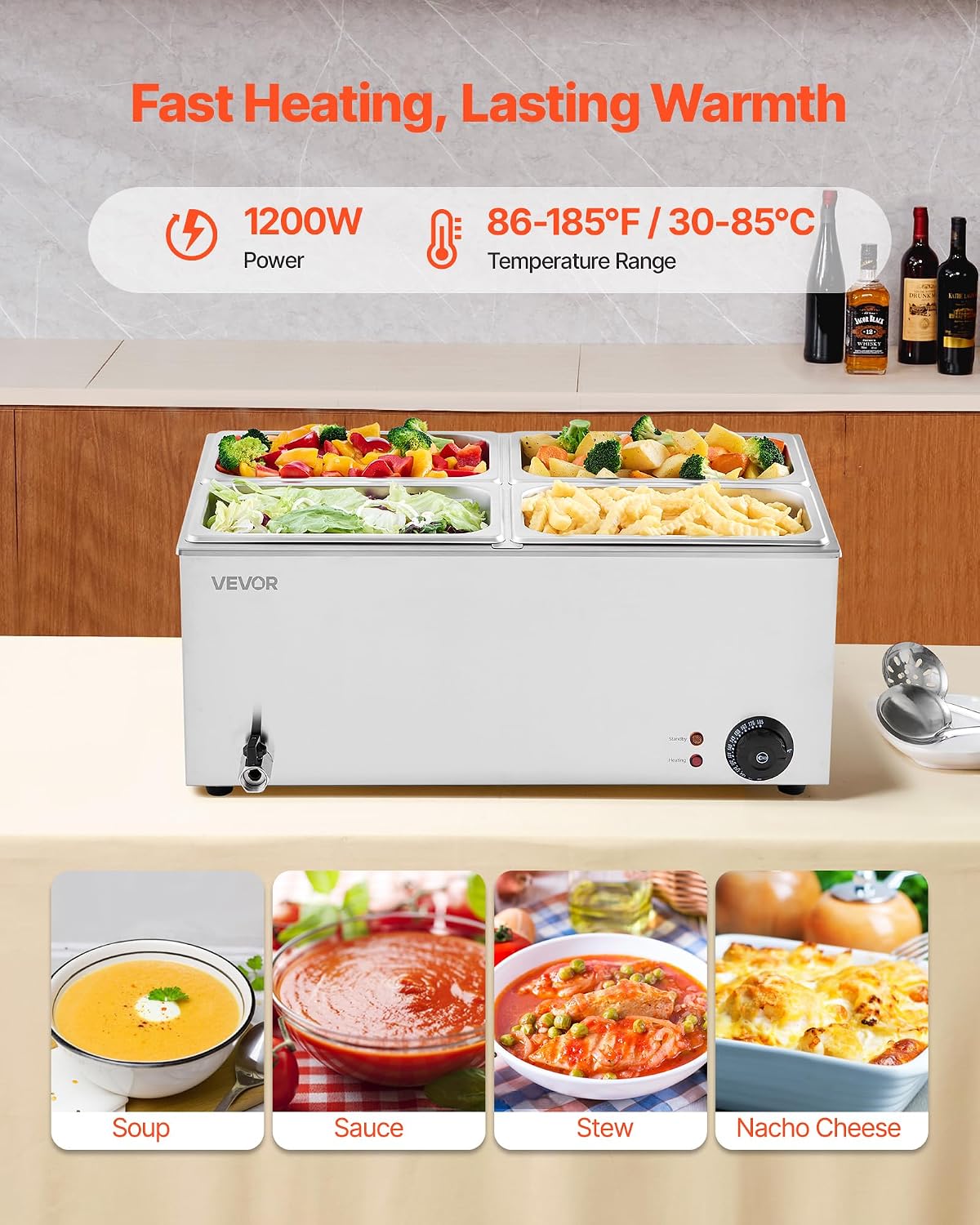 VEVOR 4-Pan Commercial Food Warmer, 24QT Electric Steam Table, 1200W Professional Countertop Stainless Steel Buffet Bain Marie with 86-185°F Temp Control for Catering and Restaurants, Silver