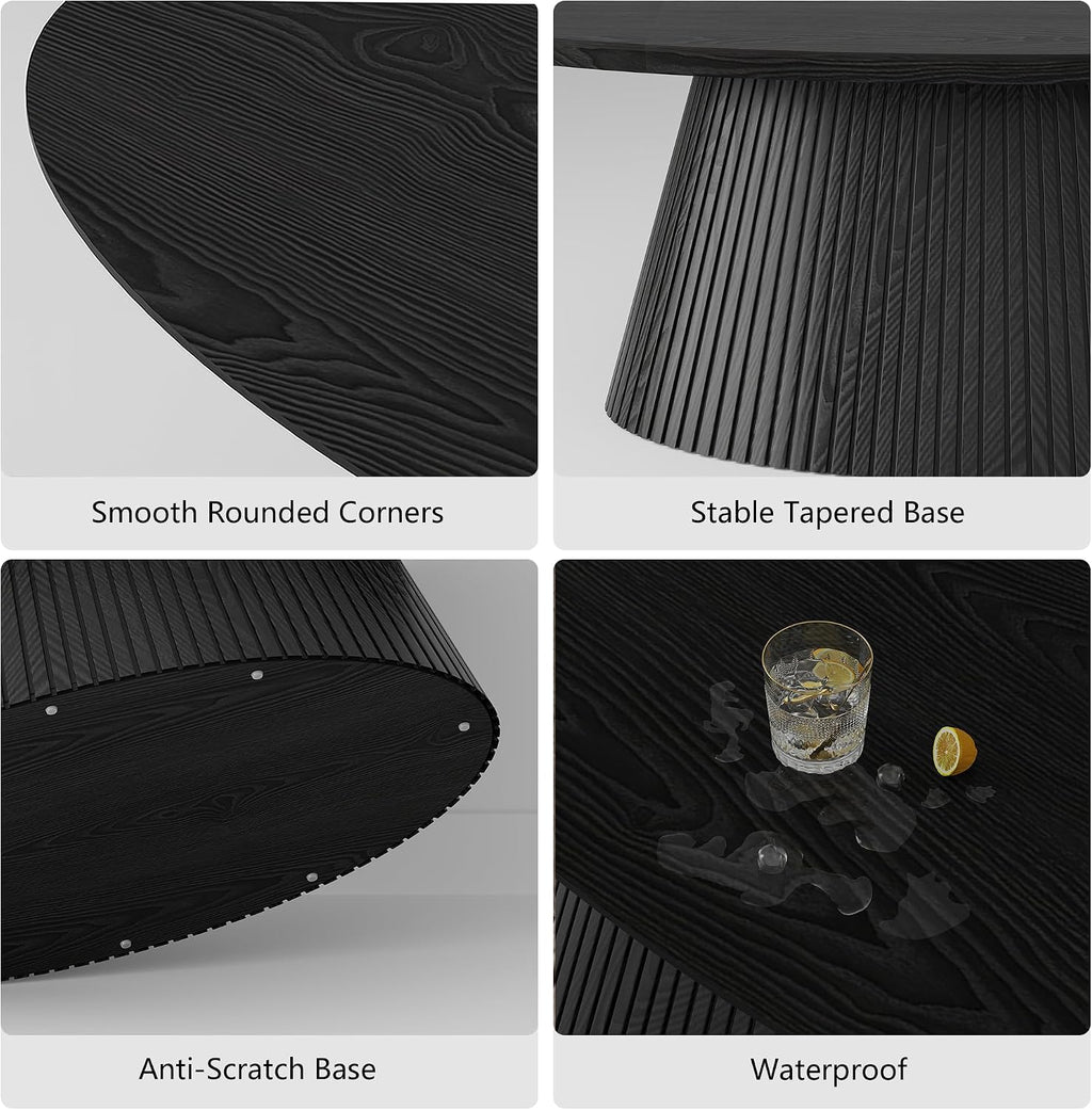 win2win Oval Coffee Table, Modern Coffee Table with Fluted Design, Minimalist Tea Table with Wood Grain Veneer, Small Funky Center Table for Living Room, Apartment, Office, Black